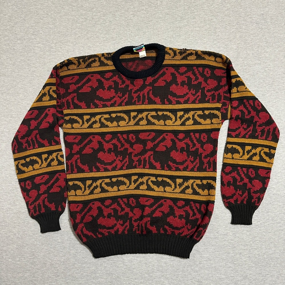 Vintage Out of Bounds Sweater 90s Abstract Geometric Black Red Mens Size Large